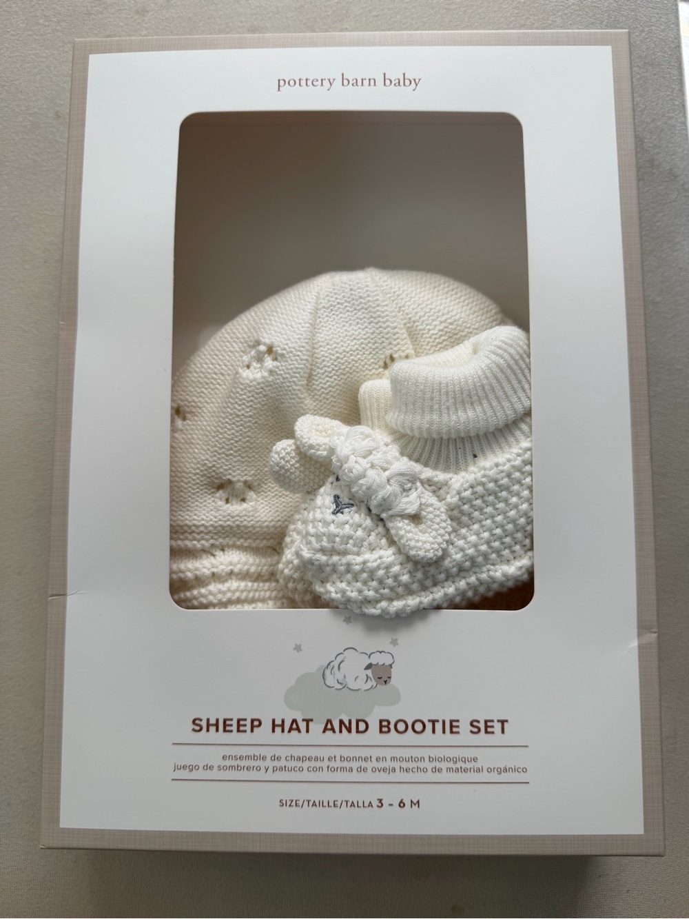 Pottery Barn Baby NWT Organic Sheep Sheep Hat and Bootie Set in Cream Size 3-6M